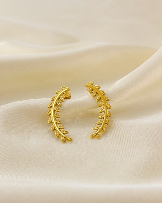 Boucles d'Oreilles Dorées Feuilles Lauriers Texturées Brillantes