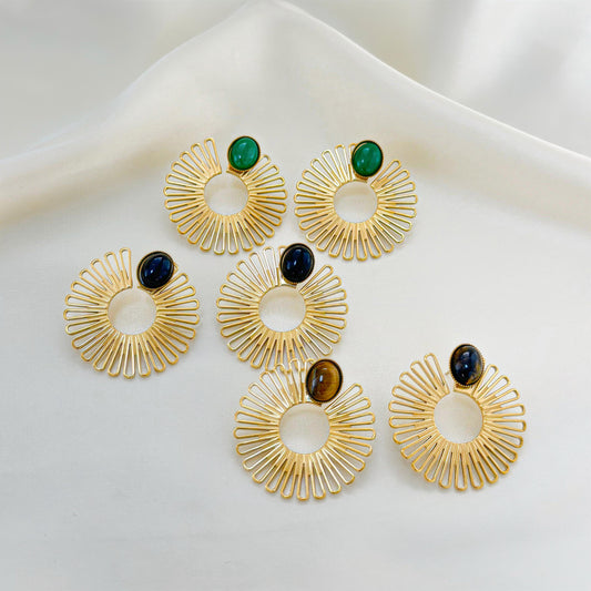 Boucles d'Oreilles Dorées Cercle Solaires Avec Pierres Noires