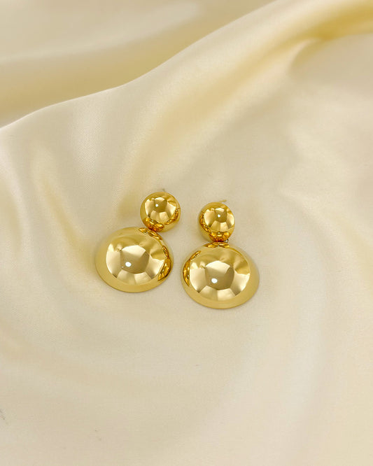 Boucles d'Oreilles Dorées Pendantes Double Boutons Brillants