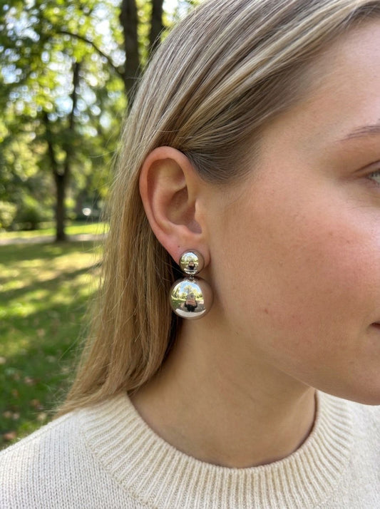 Boucles d'Oreilles Argentées Double Hémisphères Brillants
