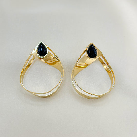Boucles d'Oreilles Dorées Vagues Gouttes Avec Pierres Noires