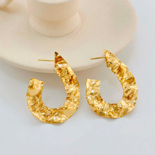 Boucles d'Oreilles Dorées Créoles Ouvertes Gouttes Plates Martelées