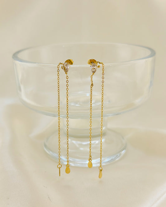 Boucles d'Oreilles Dorées Strass Gouttes Avec Double Chaînes Longues