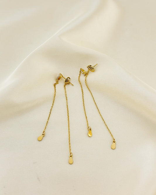 Boucles d'Oreilles Dorées Strass Gouttes Avec Double Chaînes Longues