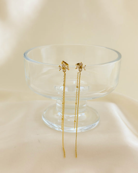 Boucles d'Oreilles Dorées Croix Incrustées de Strass Avec Double Chaînes Longues