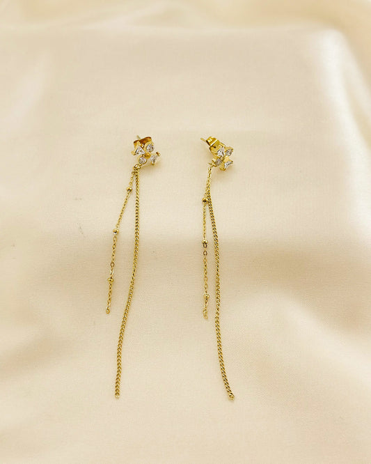 Boucles d'Oreilles Dorées Croix Incrustées de Strass Avec Double Chaînes Longues