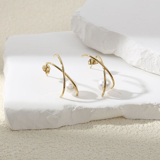 Boucles d'Oreilles Dorées Lignes Croix avec Perle