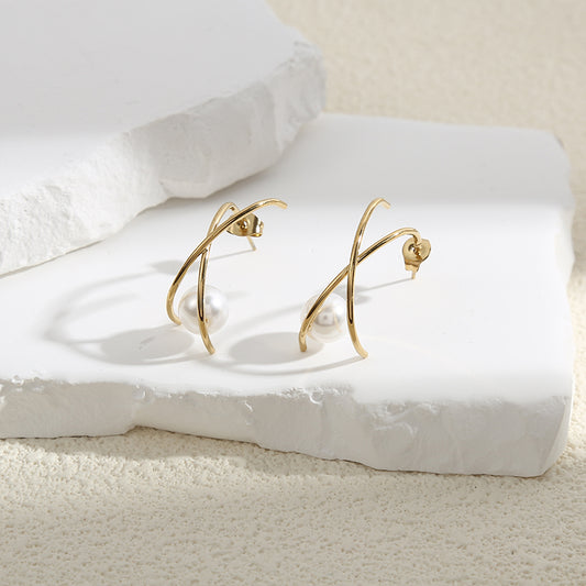 Boucles d'Oreilles Dorées Lignes Croix avec Perle