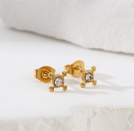 Boucles d'Oreilles Dorées Puces Cubes Croix Avec Strass