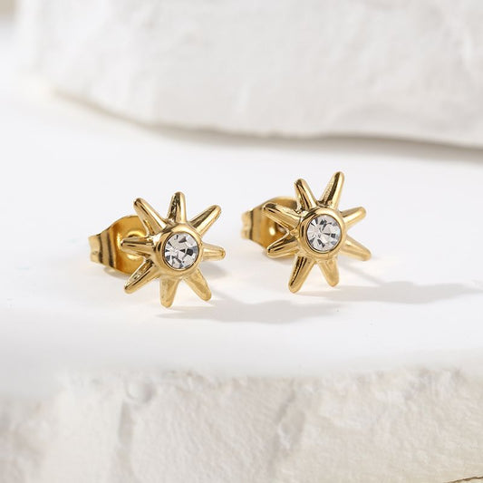 Boucles d'Oreilles Dorées Puces Soleils Avec Strass