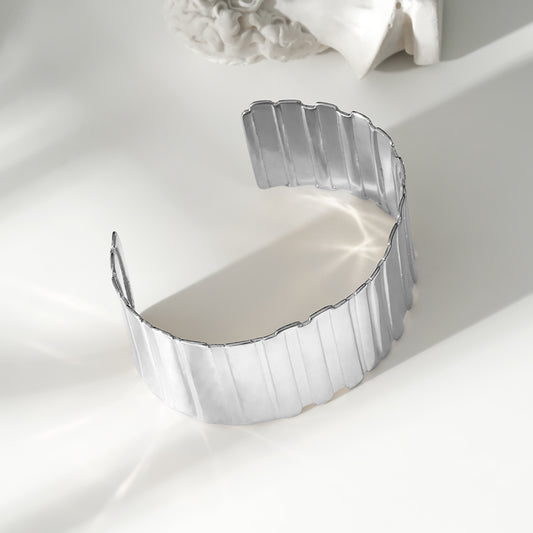 Bracelet Argenté Manchette Ouverte Texture Large Rayures