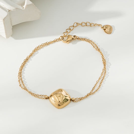 Bracelet Doré Ajustable Double Chaînes Avec Plaque Losange Epaisse