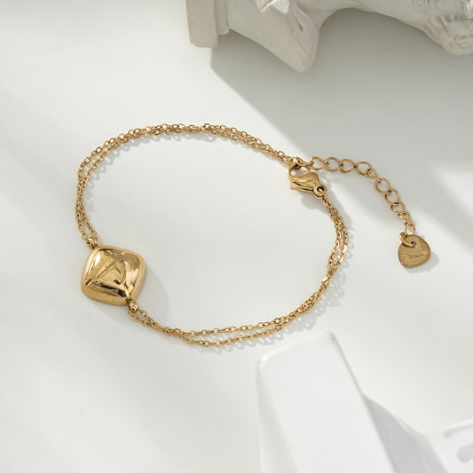 Bracelet Doré Ajustable Double Chaînes Avec Plaque Losange Epaisse