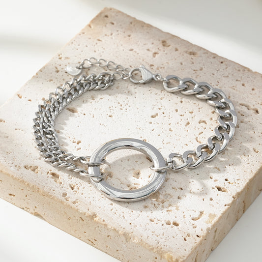 Bracelet Argenté Ajustable Large Chaînes En Mailles Avec Anneau