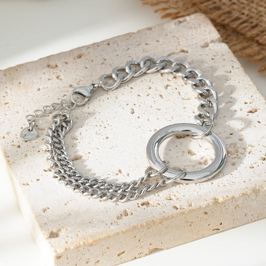 Bracelet Argenté Ajustable Large Chaînes En Mailles Avec Anneau