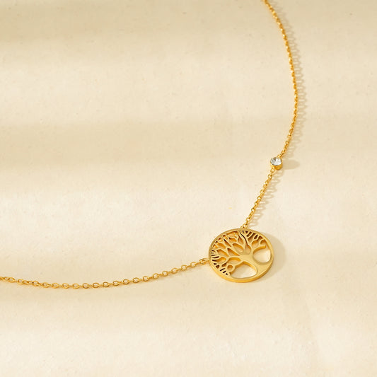 Collier Doré Pendentif Disque Motif Arbre De Vie Avec Petit Strass