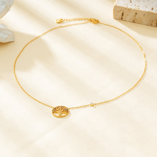 Collier Doré Pendentif Disque Motif Arbre De Vie Avec Petit Strass