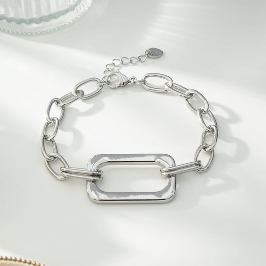 Bracelet Argenté Ajustable Chaîne En Maillons Avec Large Anneau Rectangle