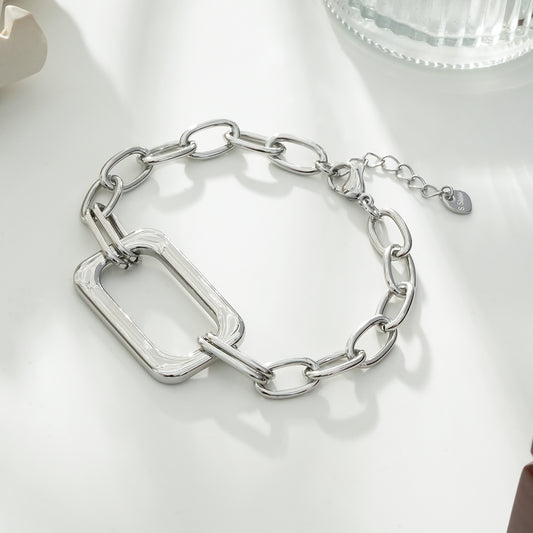Bracelet Argenté Ajustable Chaîne En Maillons Avec Large Anneau Rectangle