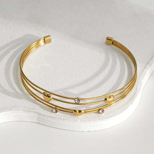 Bracelet Manchette Quadruple Fils Ornés de Cœurs Et Strass