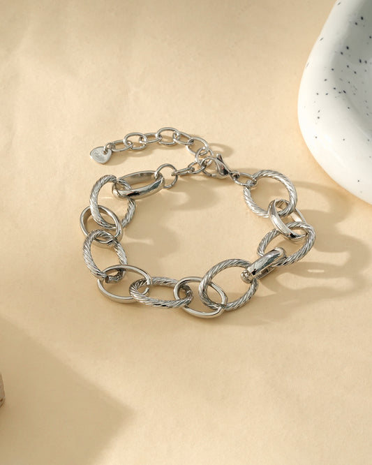 Bracelet Argenté Large Maillons Lisses Et Tressés