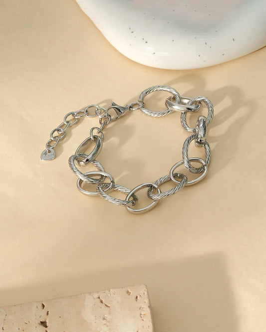 Bracelet Argenté Large Maillons Lisses Et Tressés