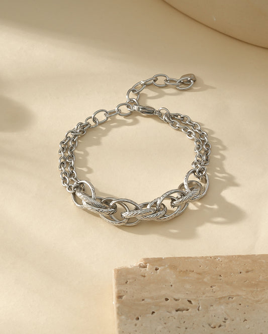 Bracelet Argenté Large Maillons Lisses Et Tressés Double Couches