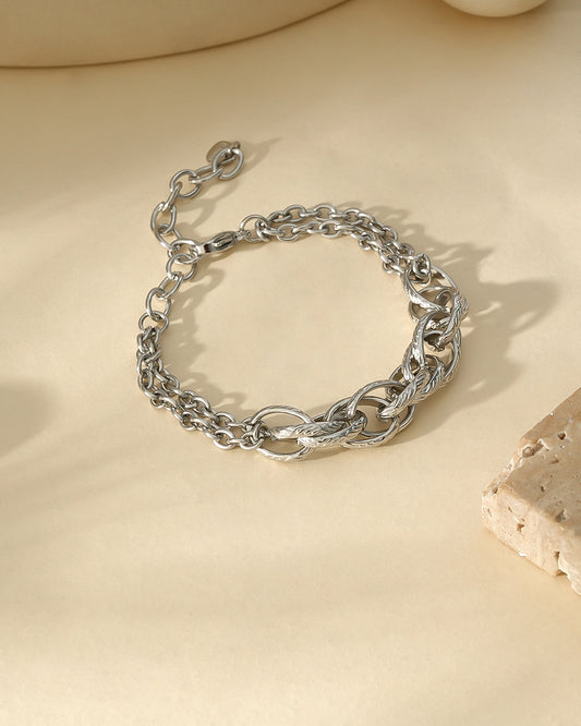 Bracelet Argenté Large Maillons Lisses Et Tressés Double Couches