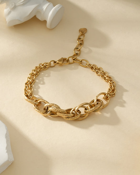 Bracelet Doré Large Maillons Lisses Et Tressés Double Couches