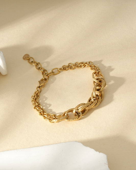 Bracelet Doré Large Maillons Lisses Et Tressés Double Couches