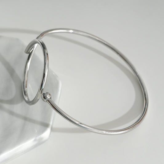 Bracelet Argenté Jonc Cercle Ouvert Et Boule Ajustable