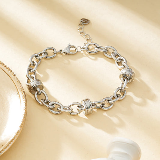 Bracelet Argenté Chaîne En Gros Maillons Avec Boutons Epais