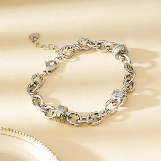 Bracelet Argenté Chaîne En Gros Maillons Avec Boutons Epais