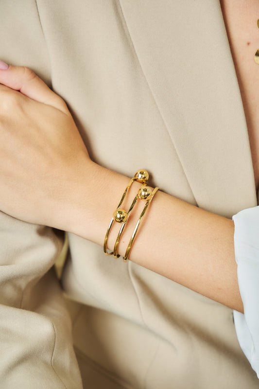Bracelet Doré Manchette Ouverte Triple Lignes Ornées de Boules