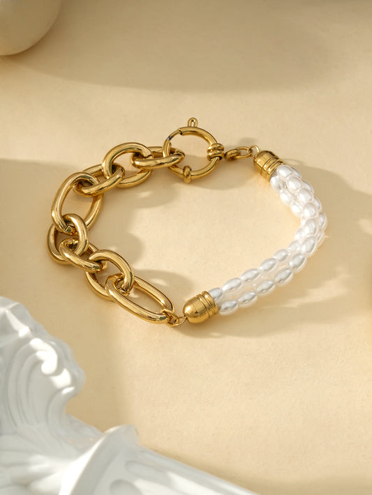 Bracelet Doré Double Chaînes de Perles Avec Multi Large Maillons