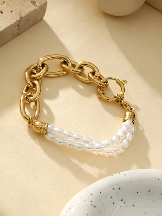 Bracelet Doré Double Chaînes de Perles Avec Multi Large Maillons