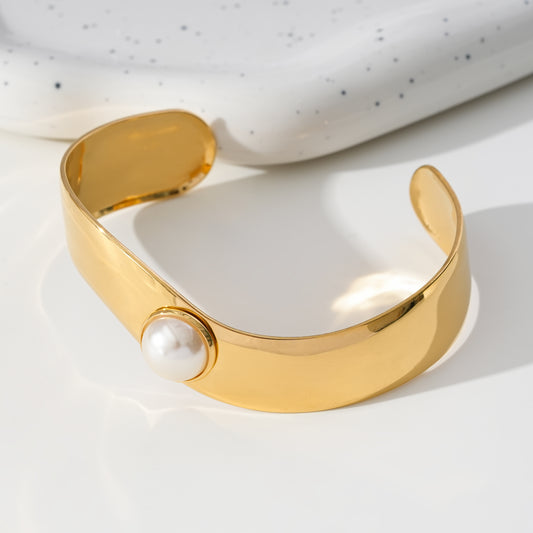 Bracelet Doré Jonc Ouvert Bande Ondulée Orné de Perle