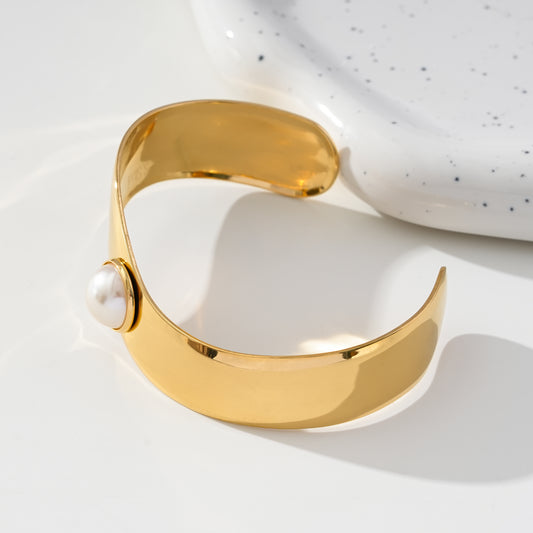 Bracelet Doré Jonc Ouvert Bande Ondulée Orné de Perle