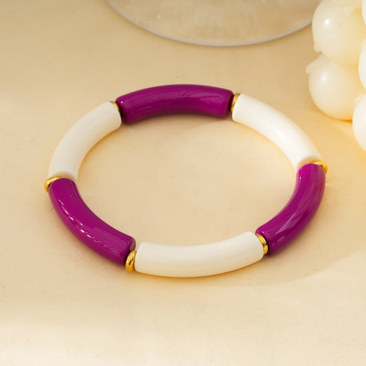 Bracelet élastique en résine couleur ivoire et violet