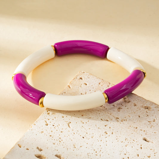 Bracelet élastique en résine couleur ivoire et violet