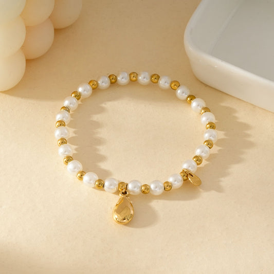 Bracelet Élastique En Perles Blanches Et Dorées Avec Pendentif Goutte