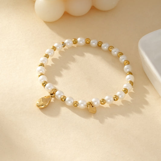 Bracelet Élastique En Perles Blanches Et Dorées Avec Pendentif Goutte