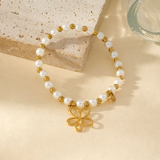 Bracelet Élastique En Perles Blanches Et Dorées Avec Pendentif Fleur