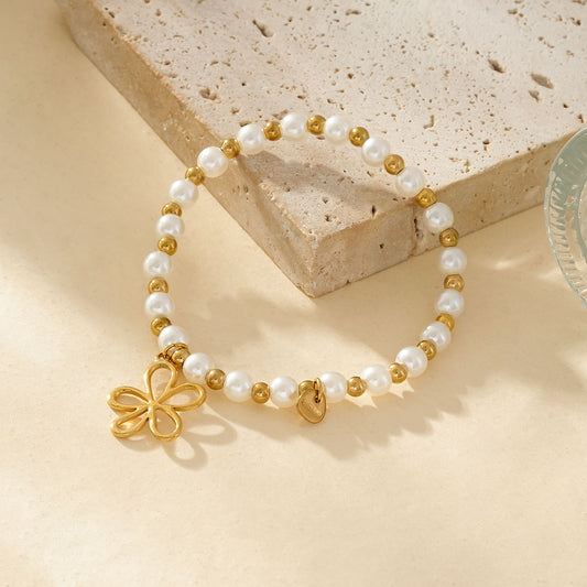 Bracelet Élastique En Perles Blanches Et Dorées Avec Pendentif Fleur