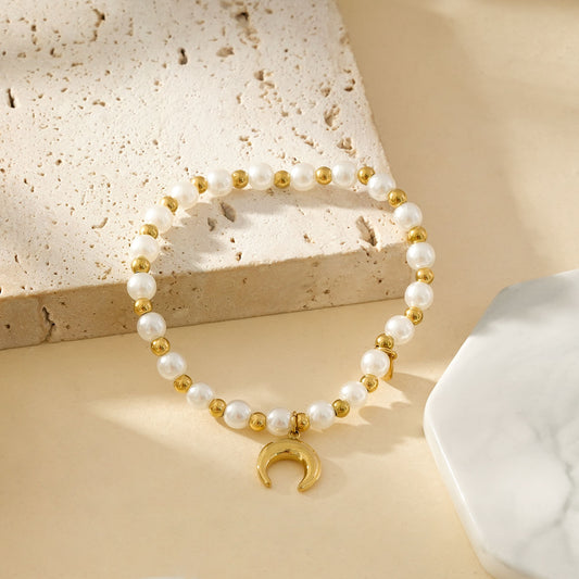 Bracelet Élastique En Perles Blanches Et Dorées Avec Pendentif Lune