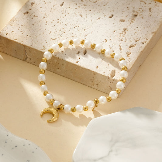 Bracelet Élastique En Perles Blanches Et Dorées Avec Pendentif Lune