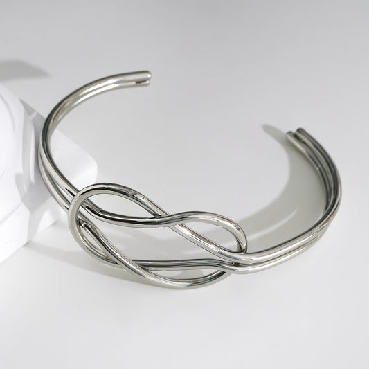 Bracelet Argenté Jonc Ouvert Double Fils Avec Nœud de Huit