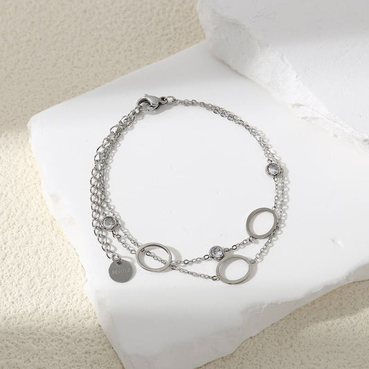 Bracelet Argenté Ajustable Double Chaînes Avec Multi Anneaux Et Strass