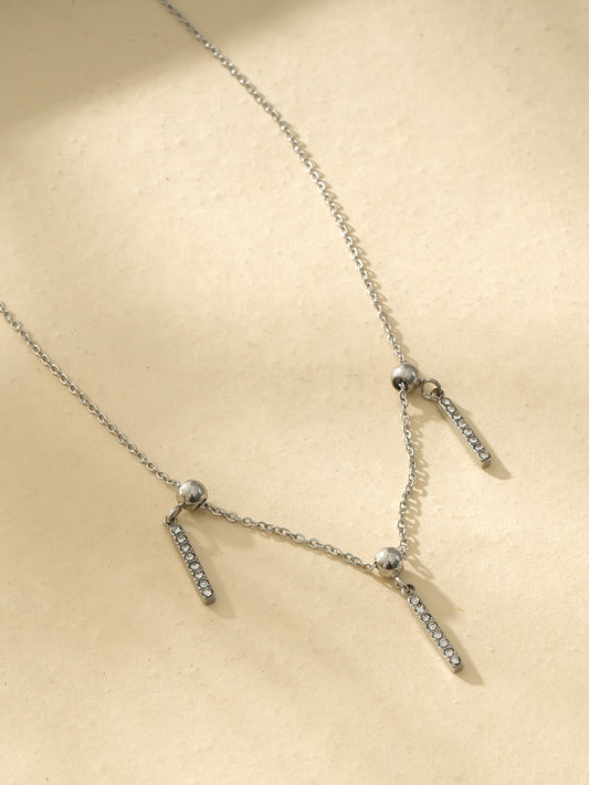 Collier Argenté Triple Pendentifs Argentées Boules Amovibles Et Barres de Strass