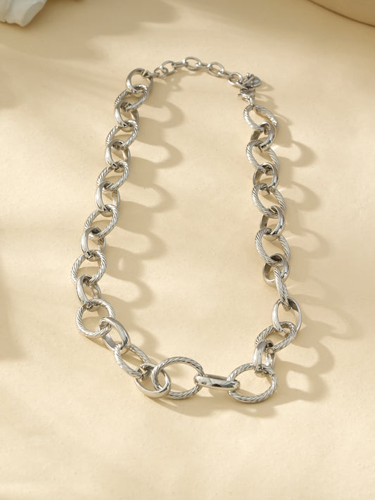 Collier Argenté Chaîne de Large Maillons Lisses Et Tressés